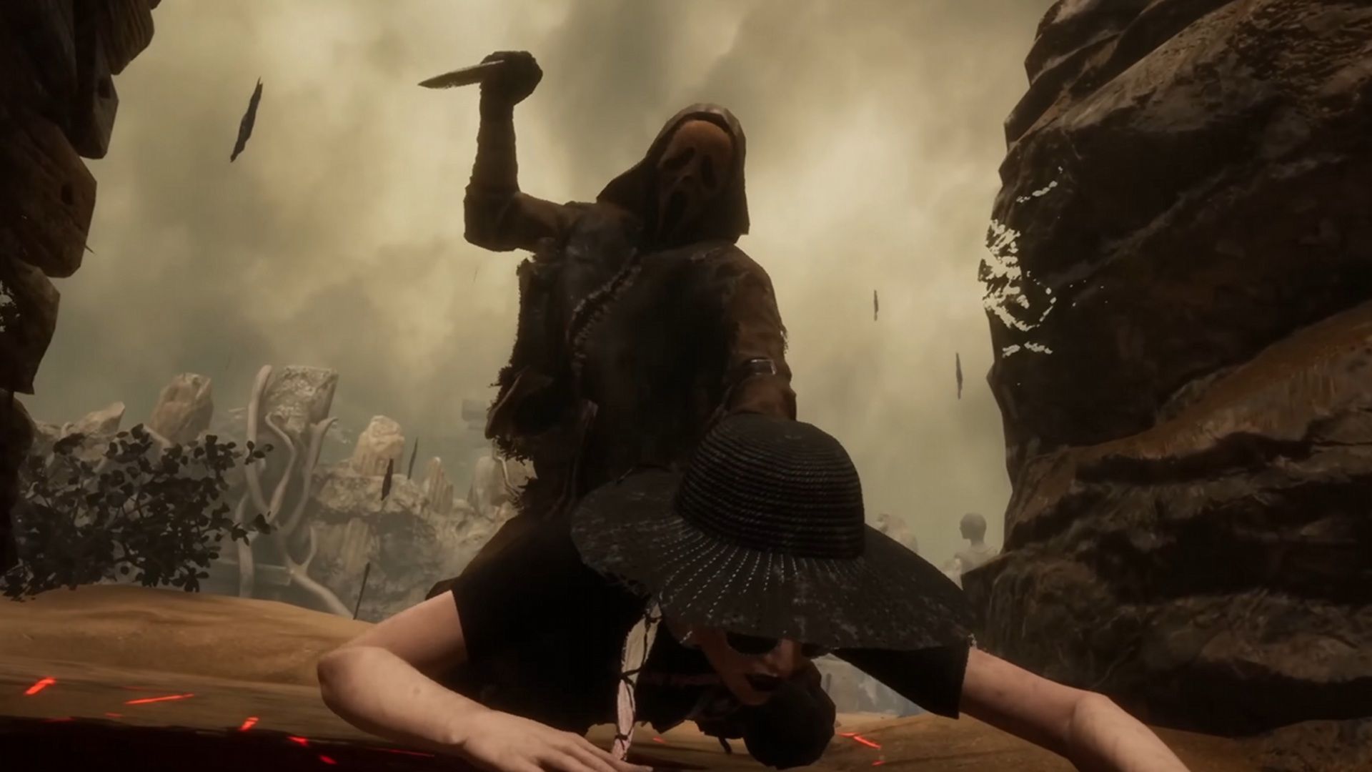 A screenshot of Ghostface killing a victim in Dead by Daylight