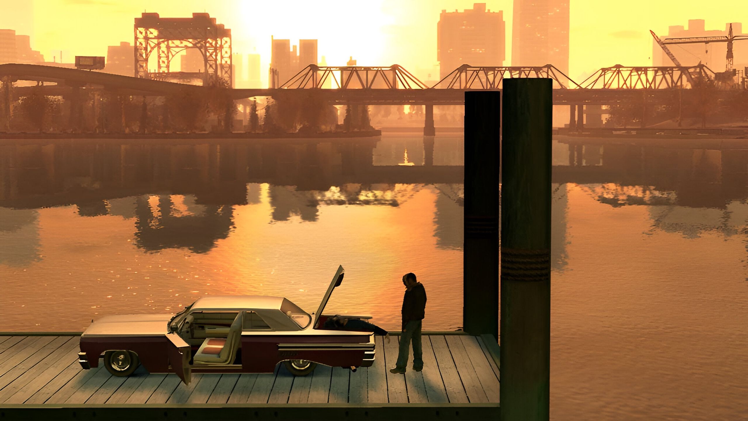 Nico Bellic stnading next to a car at the pier during sunset in GTA IV.