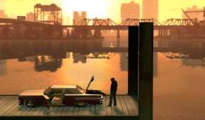 Nico Bellic stnading next to a car at the pier during sunset in GTA IV.