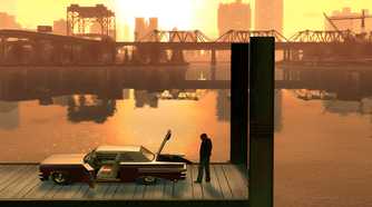 Nico Bellic stnading next to a car at the pier during sunset in GTA IV.