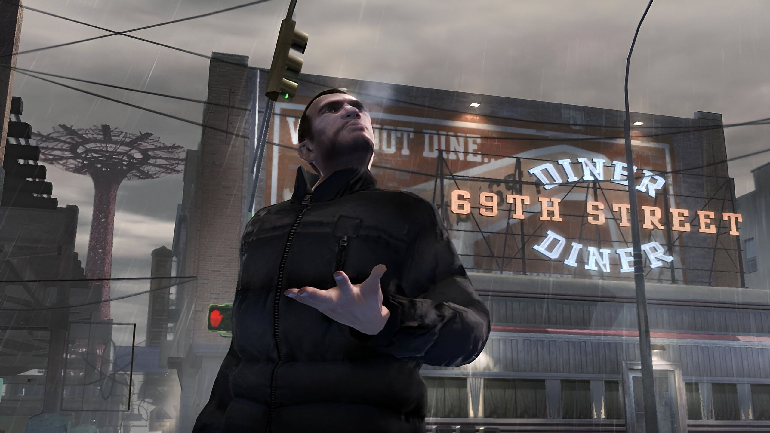Nico Bellic holding out his palm in the rain in GTA IV.