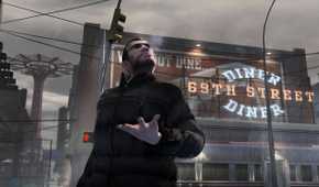Nico Bellic holding out his palm in the rain in GTA IV.