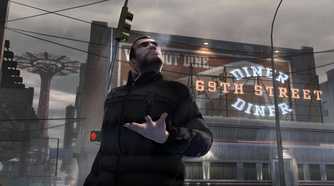 Nico Bellic holding out his palm in the rain in GTA IV.
