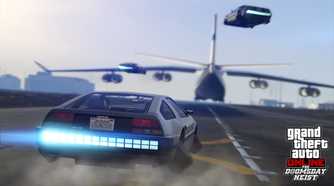 A flying car chasing a plane on a runway in Grand Theft Auto Online.