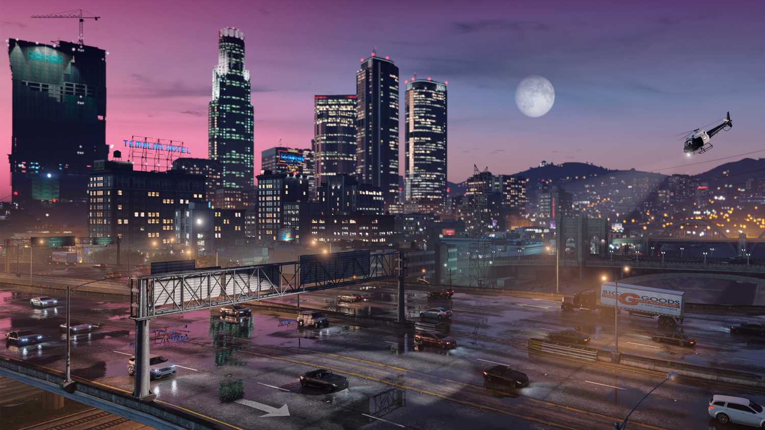 The Los Santos freeway in GTA V.