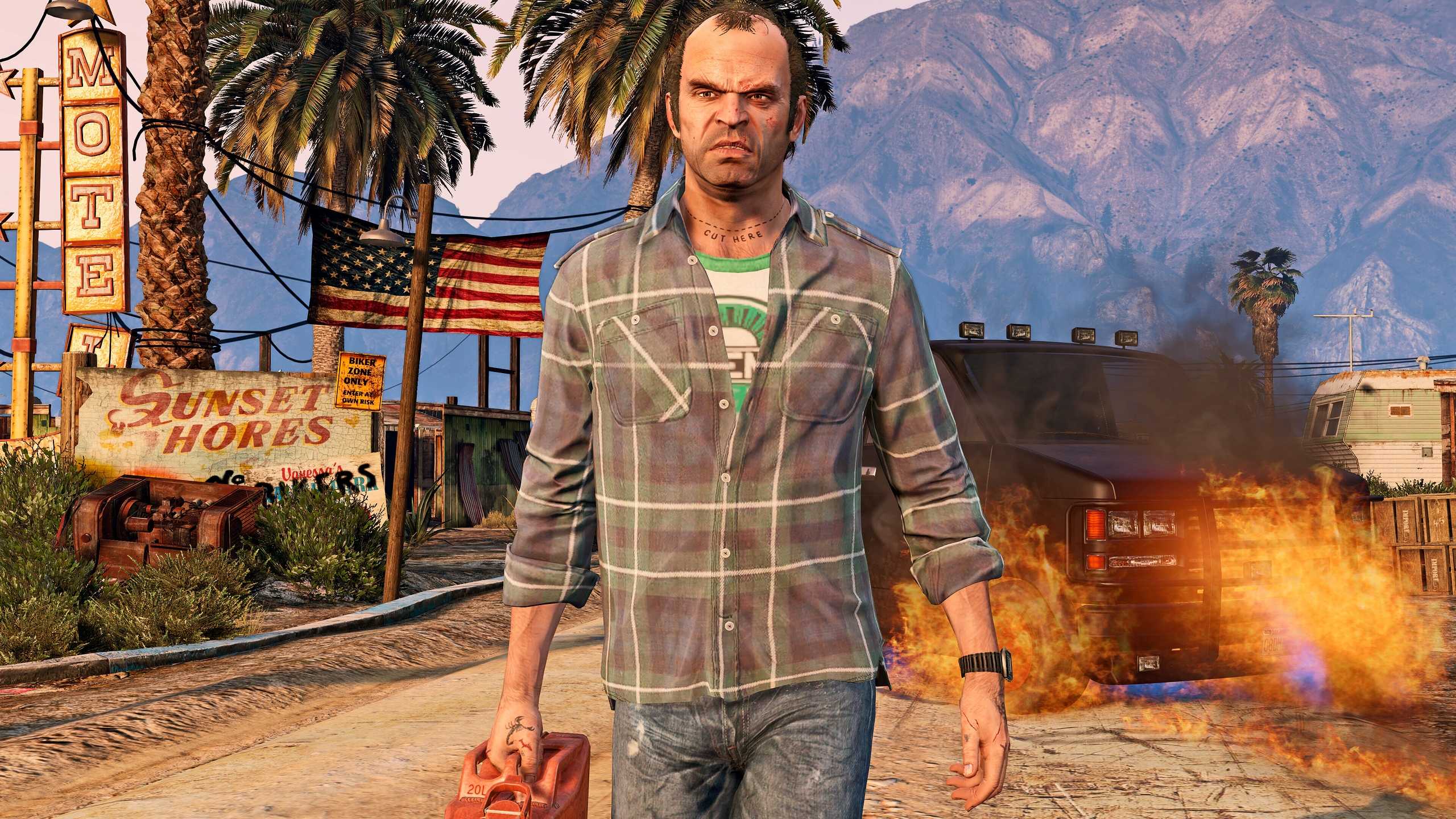 Trevor Philips holding walking with a jerry can in GTA V.