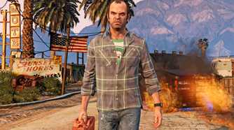 Trevor Philips holding walking with a jerry can in GTA V.