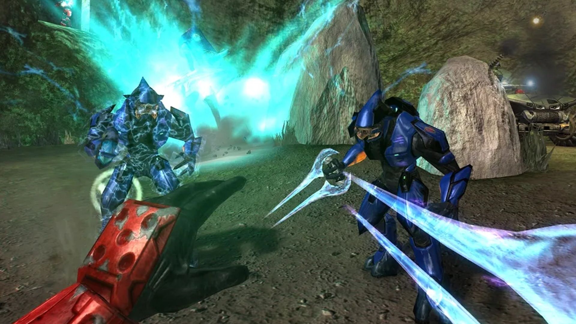 A screenshot of multiplayer in Halo 2