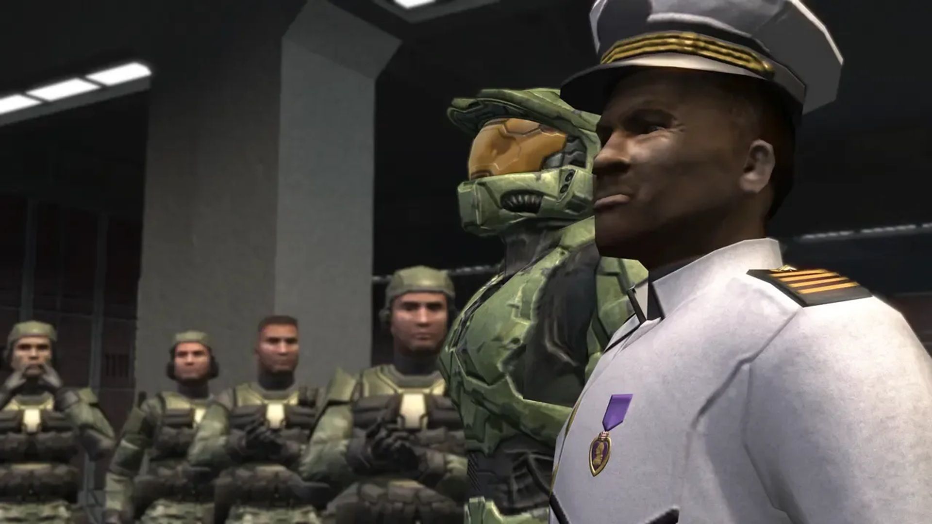 A screenshot of Master Chief with the other UNSC soldiers in Halo 2
