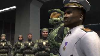 A screenshot of Master Chief with the other UNSC soldiers in Halo 2