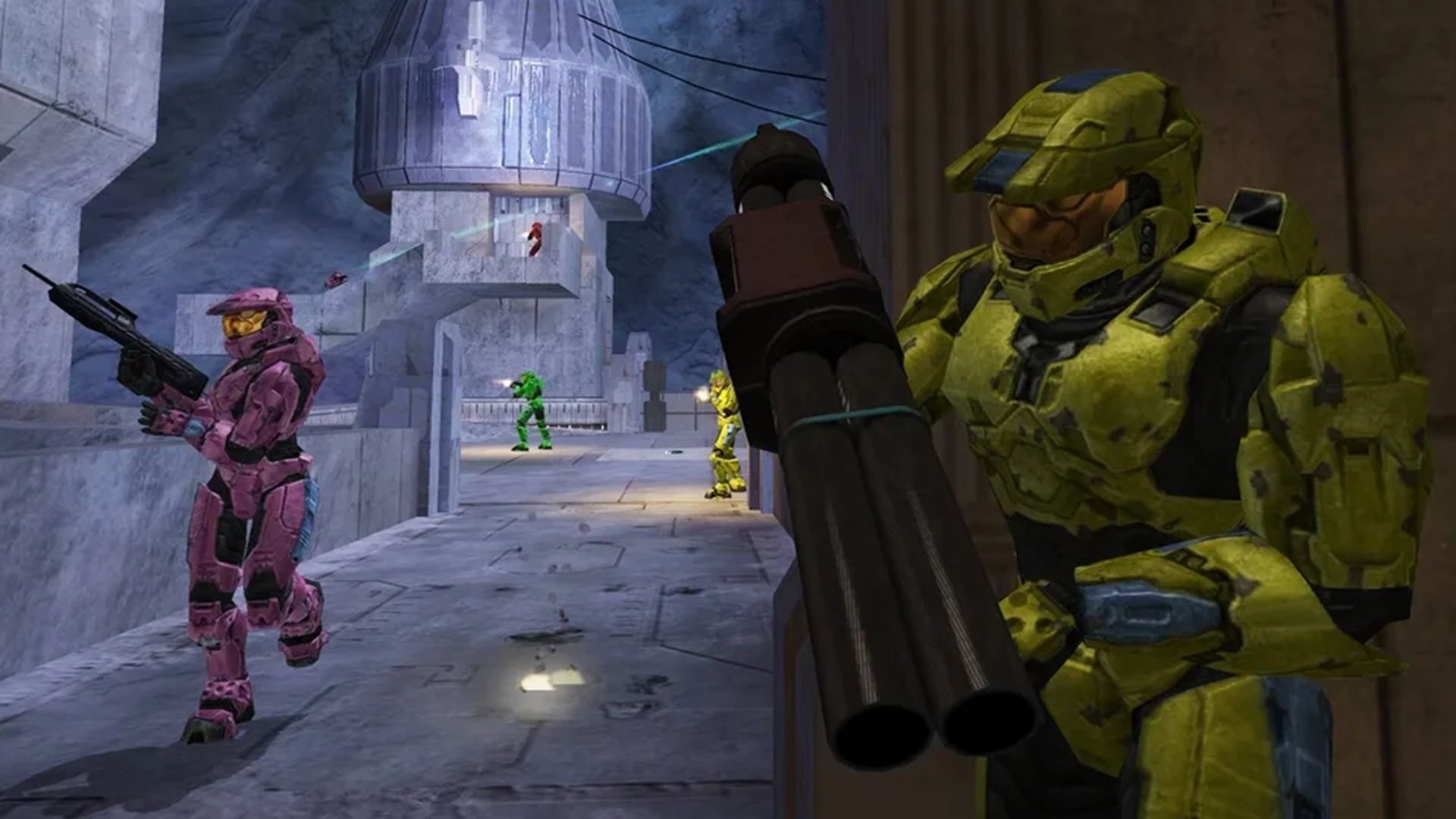 A screenshot of multiplayer gameplay in Halo 2