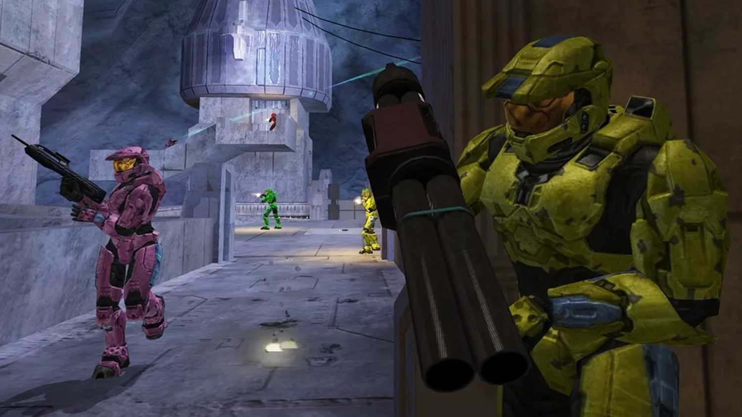 A screenshot of multiplayer gameplay in Halo 2