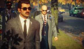 Agent 47 stalking a guard in the suburbs in Hitman: World of Assassination.