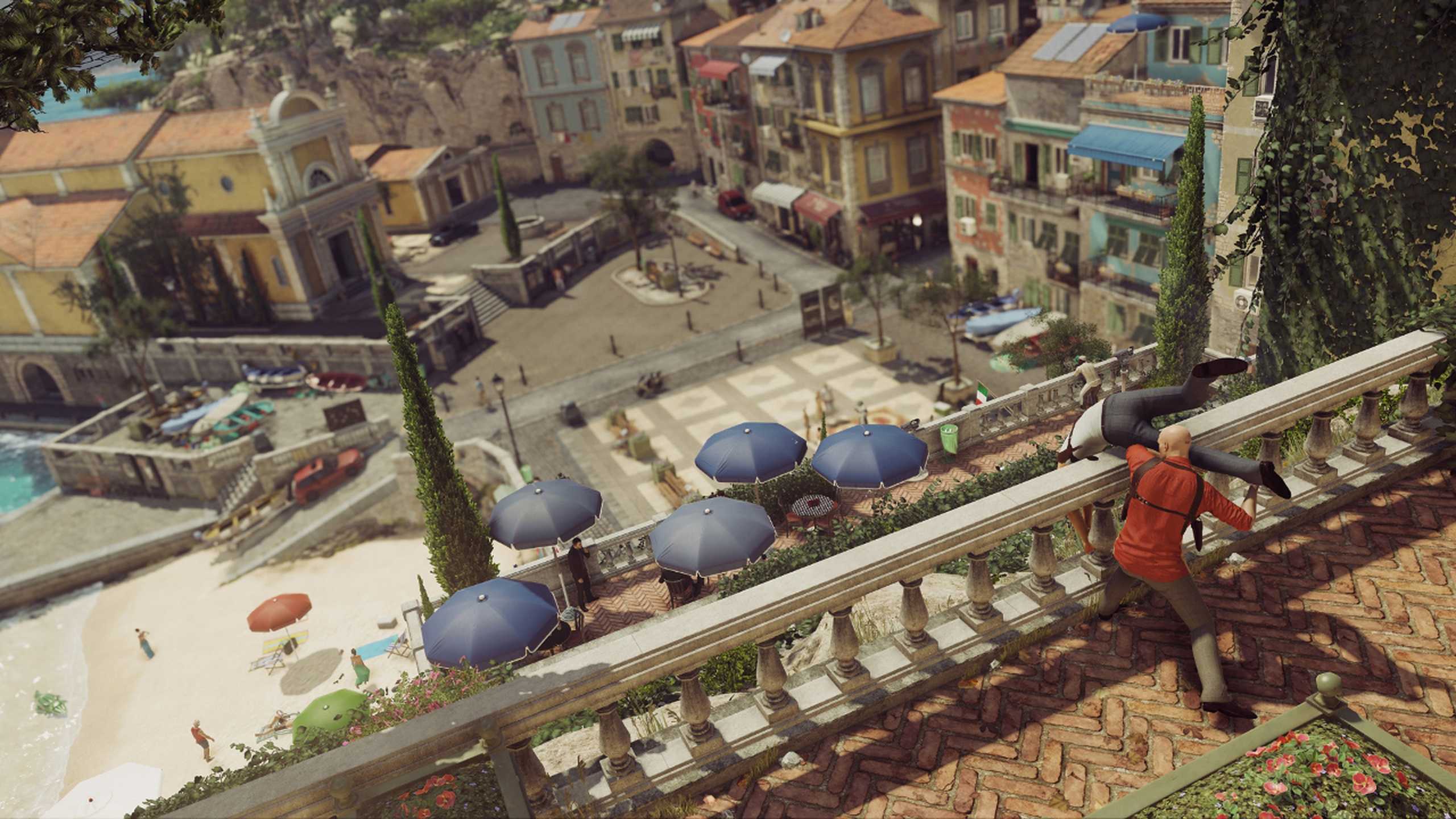 Agent 47 throwing a body off a balcony railing in Hitman: World of Assassination.