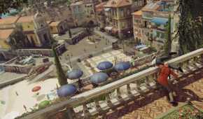 Agent 47 throwing a body off a balcony railing in Hitman: World of Assassination.