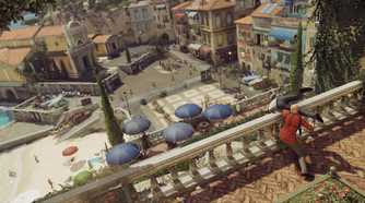 Agent 47 throwing a body off a balcony railing in Hitman: World of Assassination.