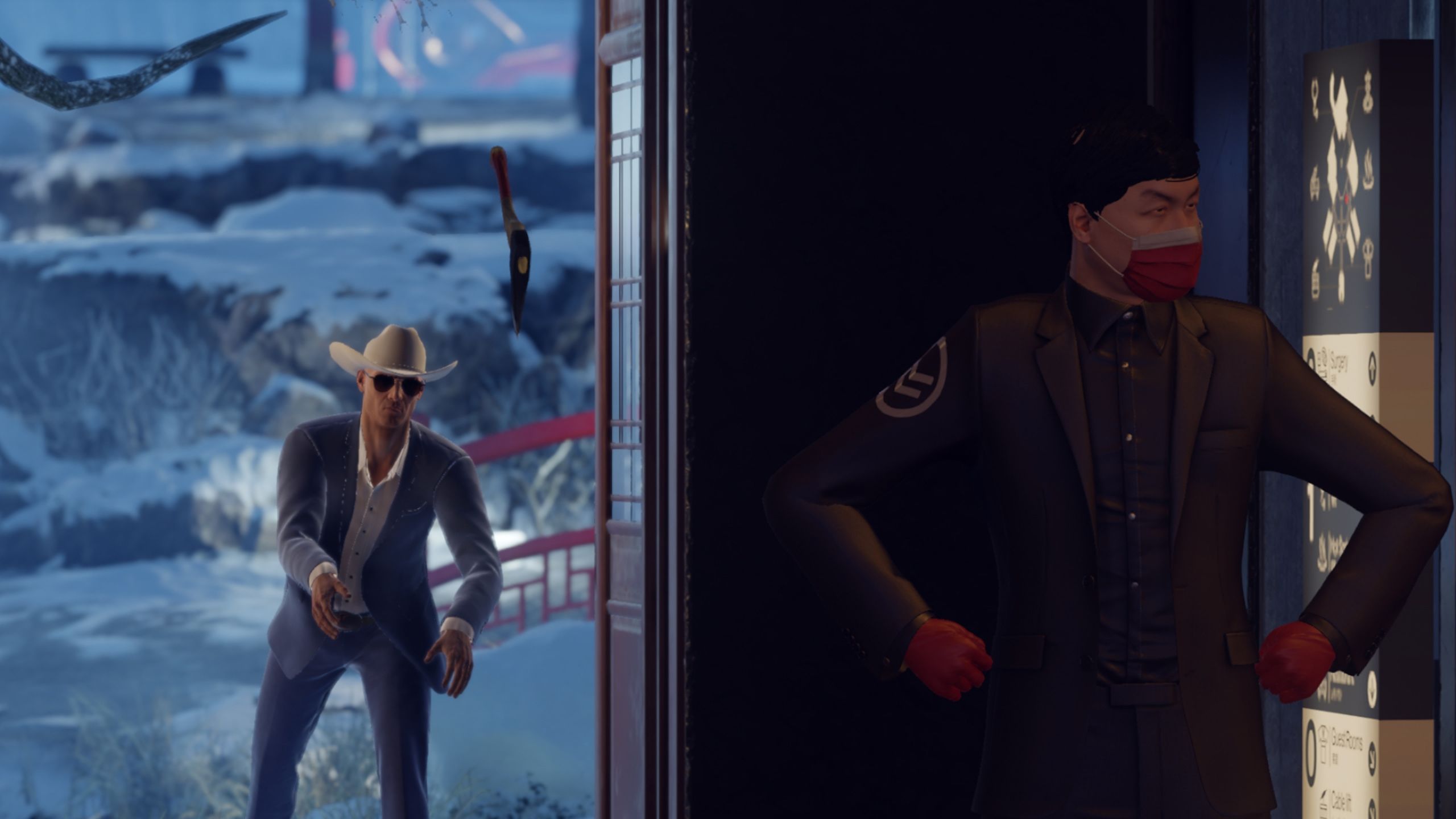 Agent 47 distracting a guard on duty in Hitman: World of Assassination.