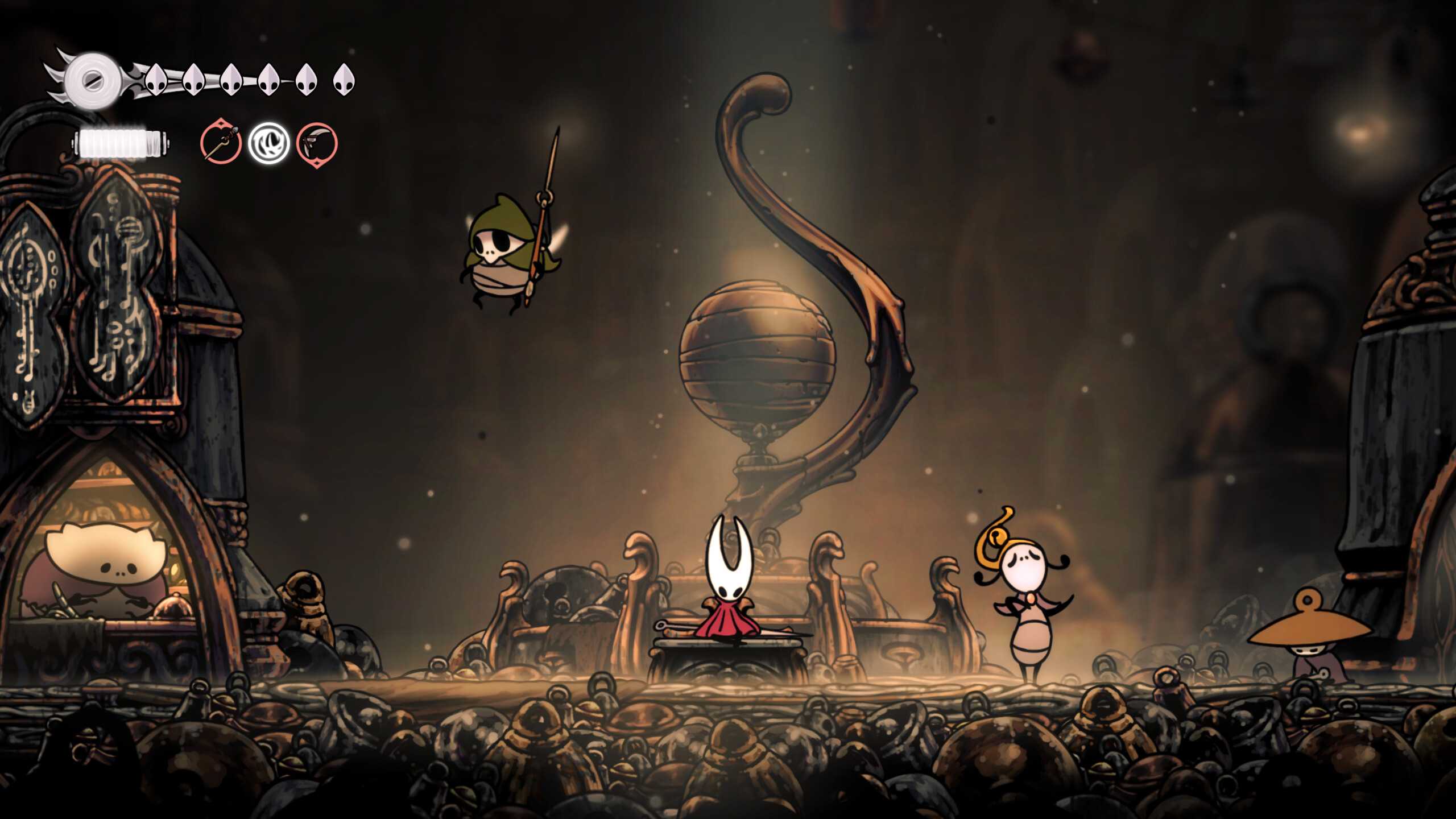 Hornet sitting on a throne in Hollow Knight: Silksong.