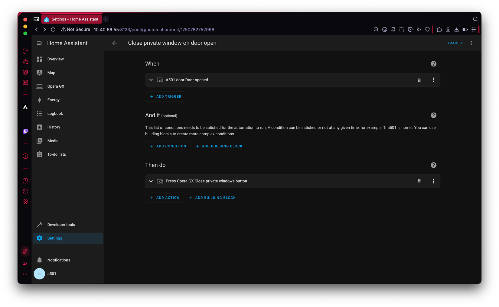 Pantalla de configuración de Home Assistant: regla de automatización para cerrar una ventana privada al abrir la puerta. Lecturas de texto "Cierre la ventana privada al abrir la puerta."