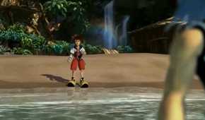 A screenshot of Sora on a beach seeing Riku ahead in Kingdom Hearts