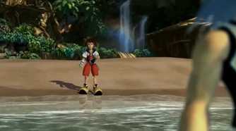 A screenshot of Sora on a beach seeing Riku ahead in Kingdom Hearts