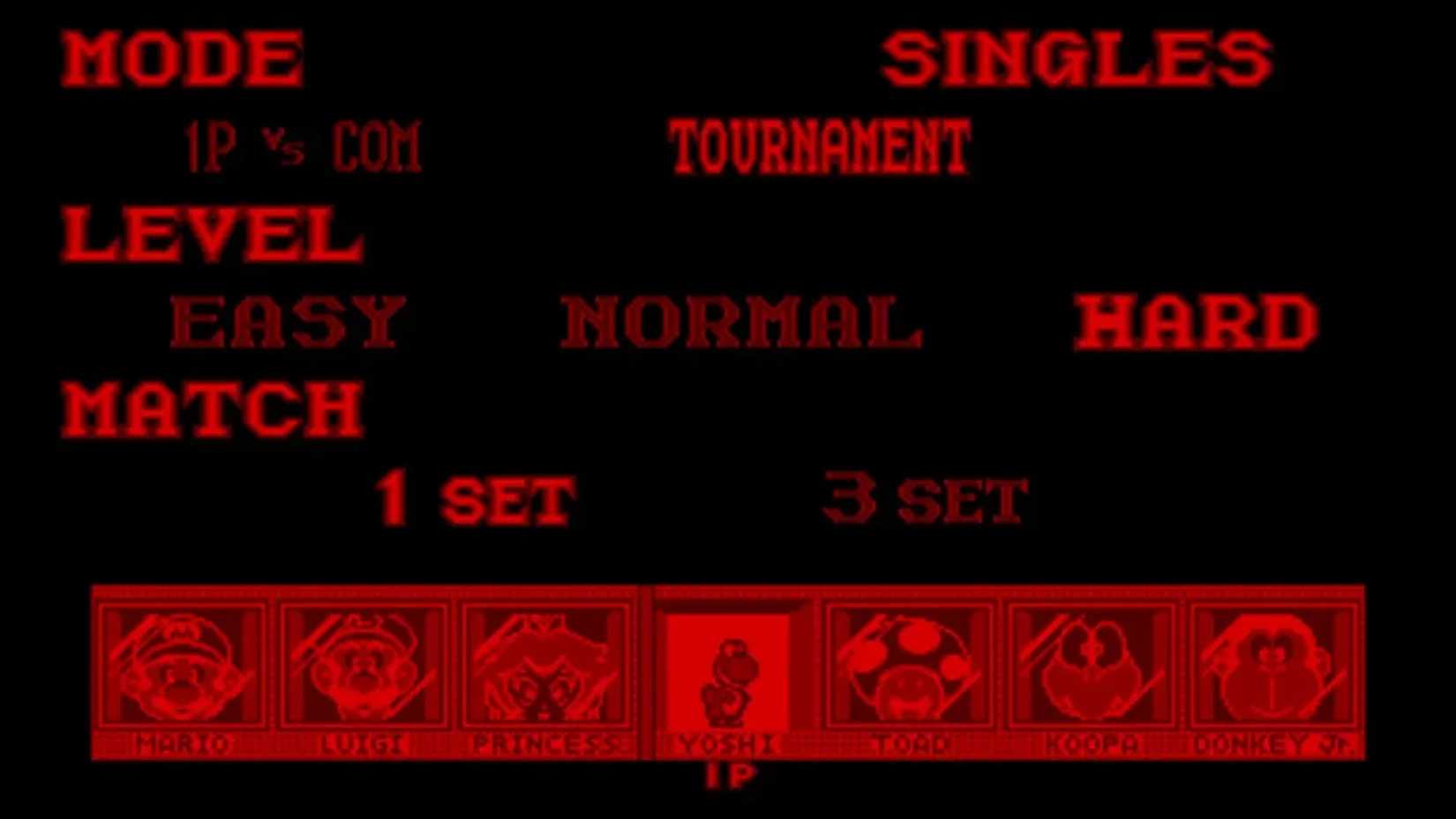 A screenshot of the character select screen in Mario's Tennis