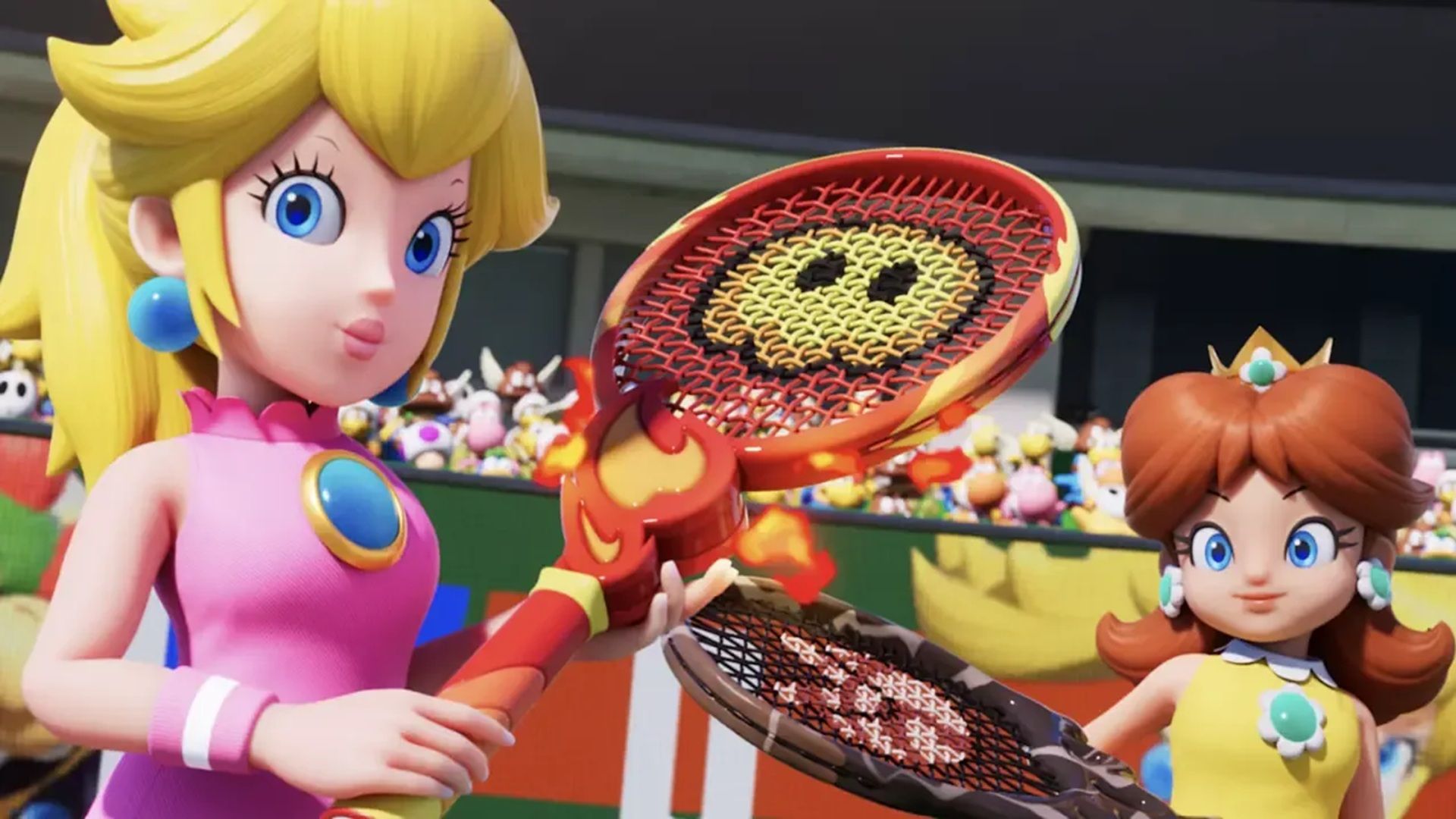 A screenshot of Peach and Daisy from Mario Tennis Fever