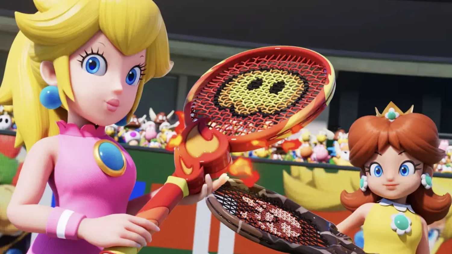 A screenshot of Peach and Daisy from Mario Tennis Fever