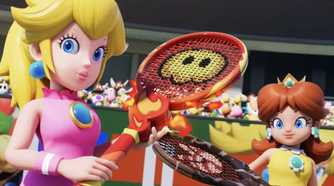 A screenshot of Peach and Daisy from Mario Tennis Fever