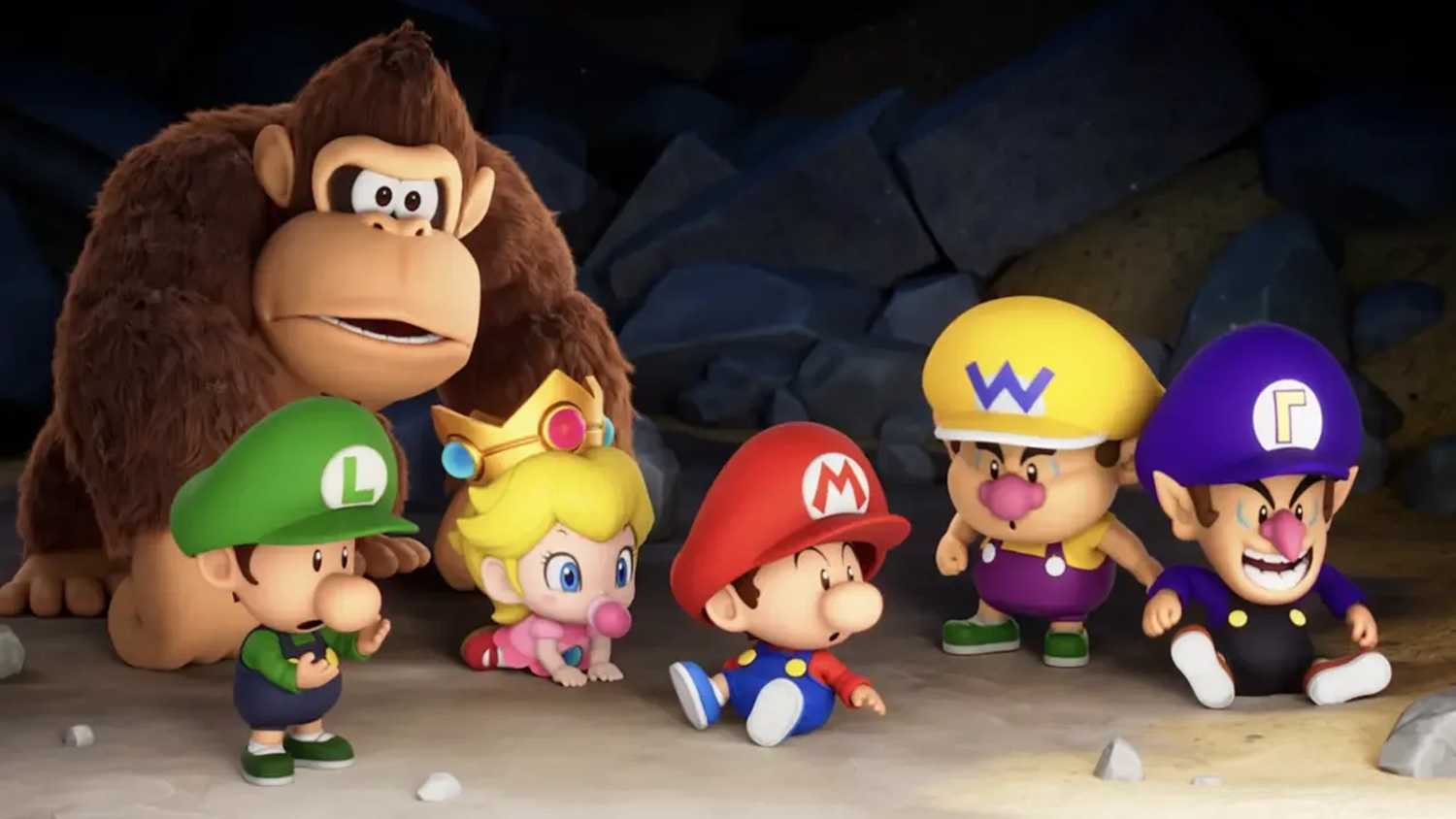 A screenshot of a baby Mario and friends in Mario Tennis Fever