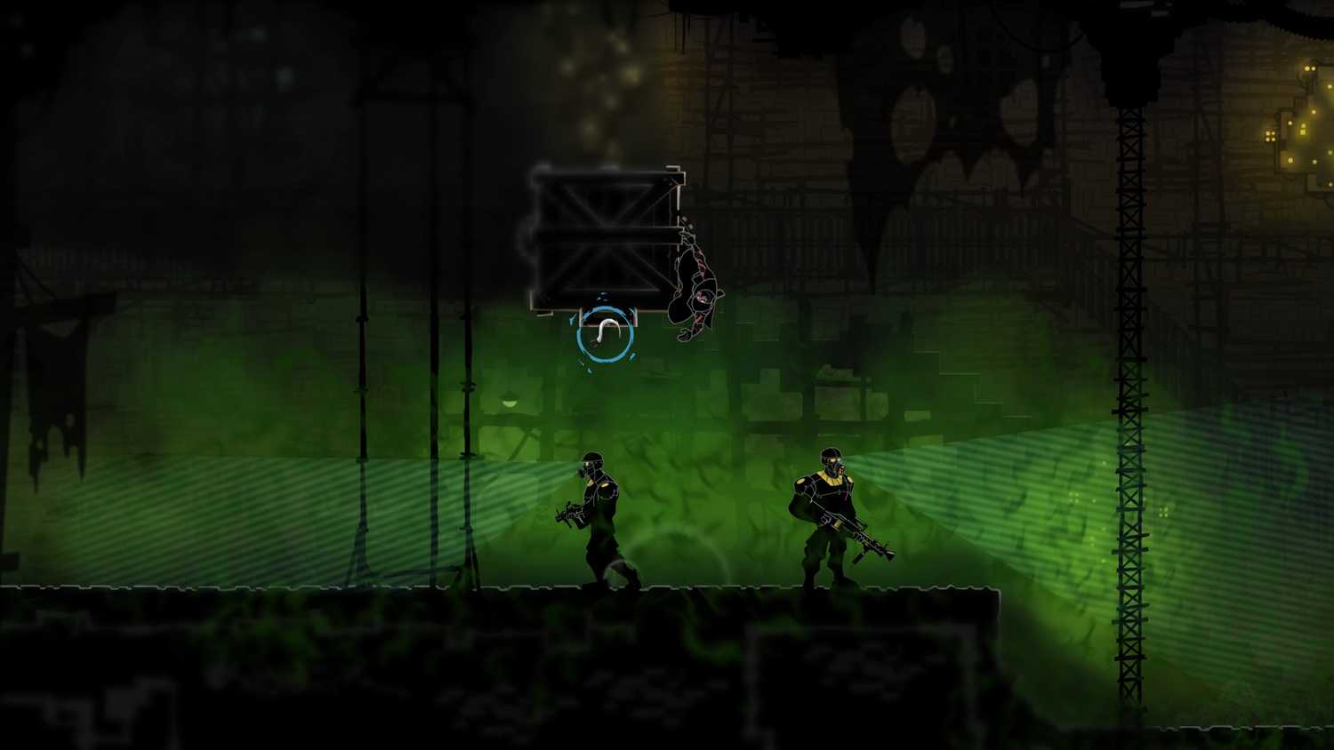 Hanging from a raised box while stalking two guards from above in Mark of the Ninja.