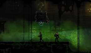 Hanging from a raised box while stalking two guards from above in Mark of the Ninja.