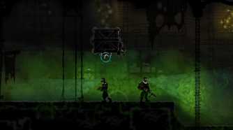 Hanging from a raised box while stalking two guards from above in Mark of the Ninja.