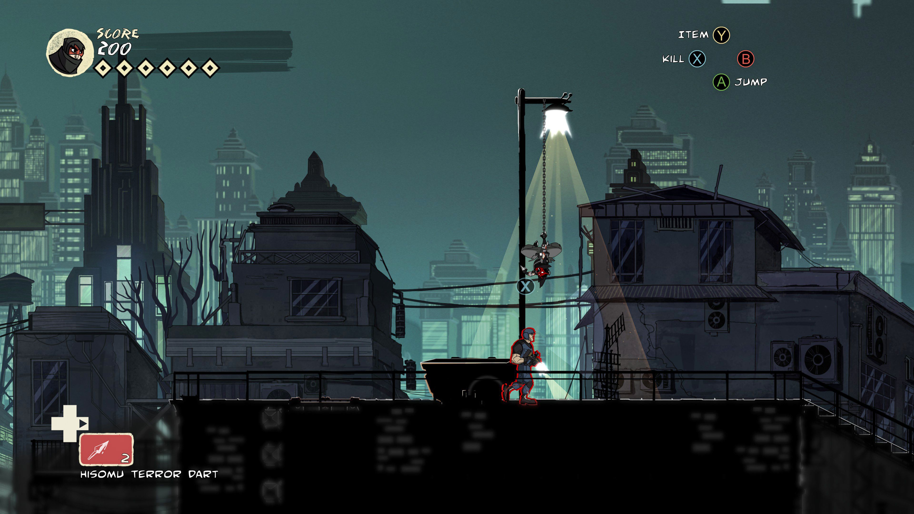Hanging from a street lamp in Mark of the Ninja.