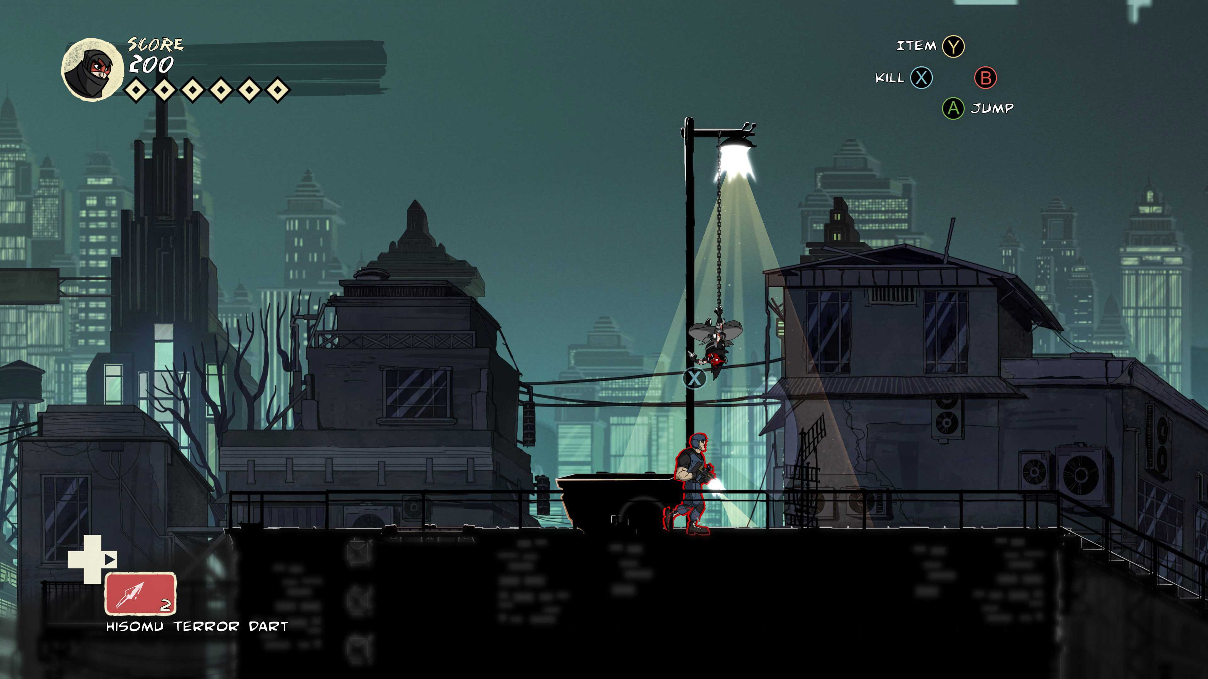 Hanging from a street lamp in Mark of the Ninja.