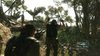Snake holding a guard hostage at gunpoint in Metal Gear Solid V: The Phantom Pain.