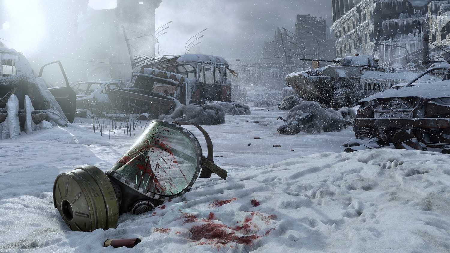 A bloodied and broken gas mask in Metro: Exodus.