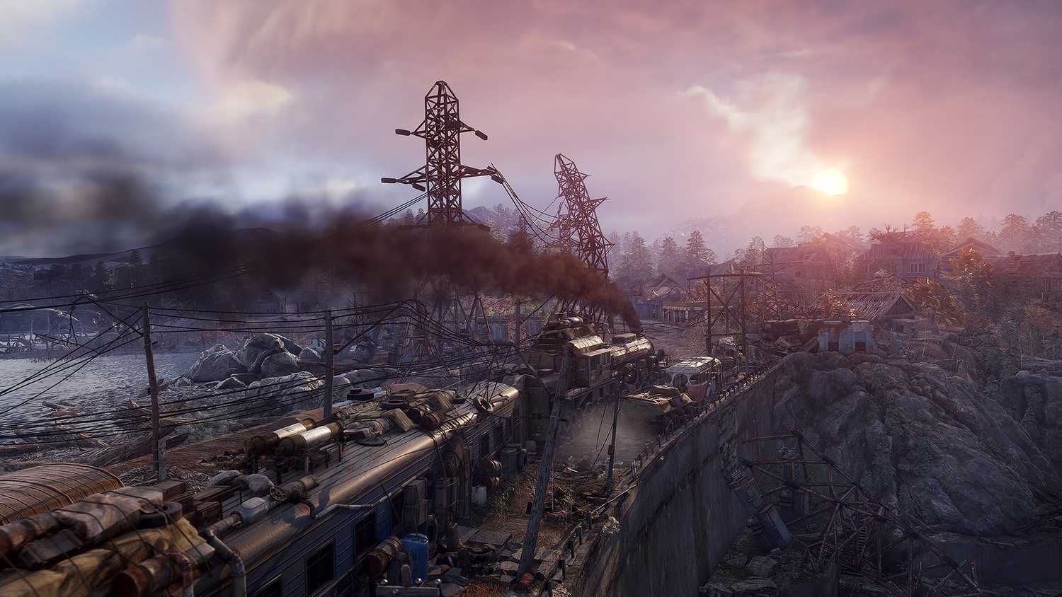A running train, bellowing smoke in Metro: Exodus.