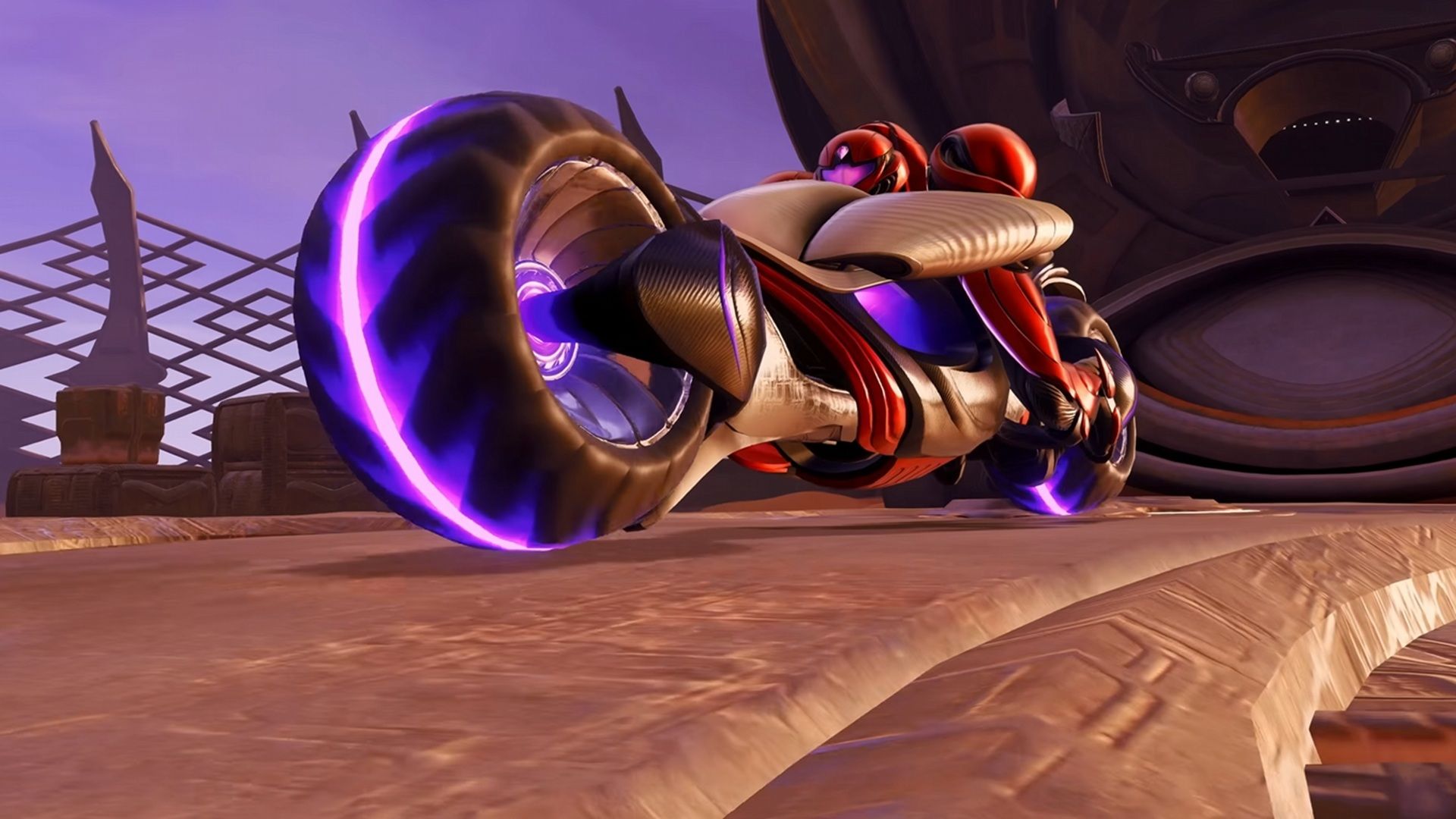 A screenshot of Samus Aran riding the Vi-0-La motorcycle in Metroid Prime 4: Beyond