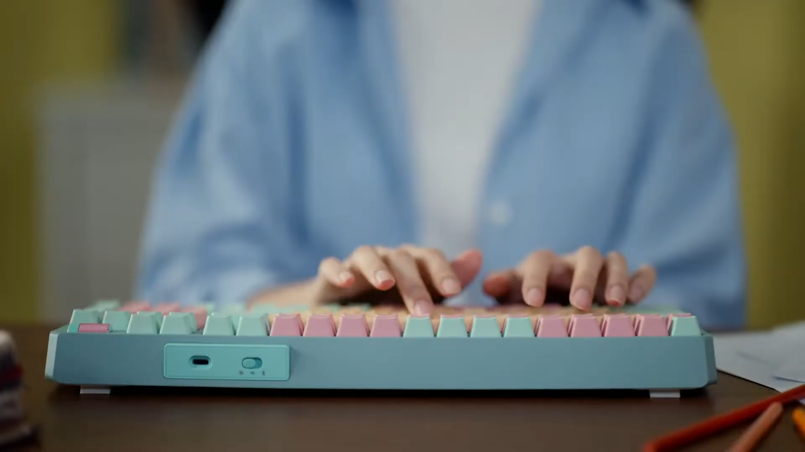 Person typing on Cooler Master MK770 Macaron Wireless Mechanical RGB Gaming Keyboard