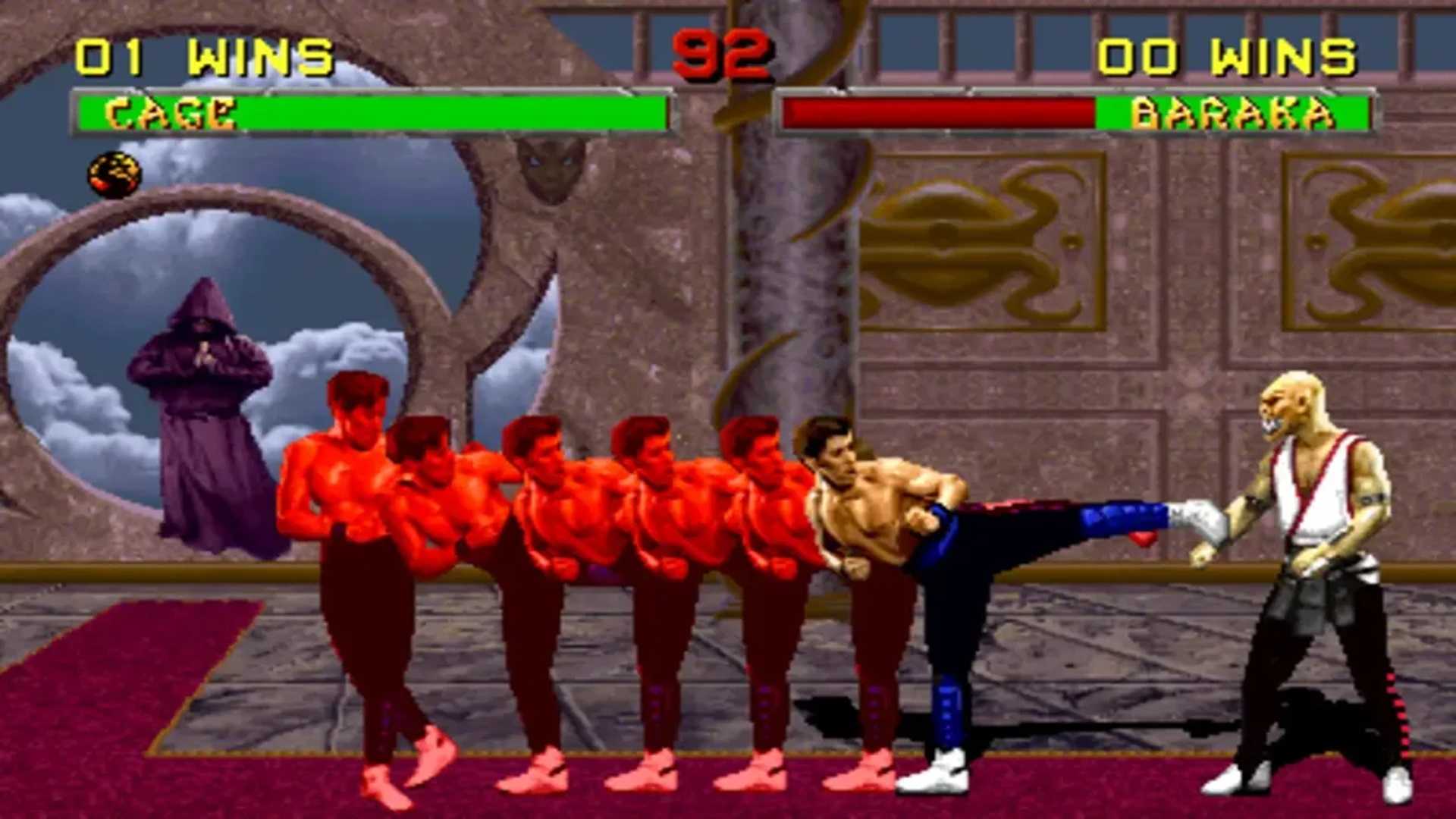 A screenshot of Johnny Cage fighting Baraka in Mortal Kombat II