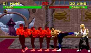 A screenshot of Johnny Cage fighting Baraka in Mortal Kombat II