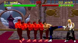 A screenshot of Johnny Cage fighting Baraka in Mortal Kombat II
