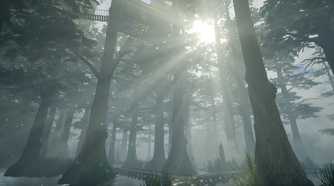 Godrays peering through a forest in the 2021 remake of Myst.