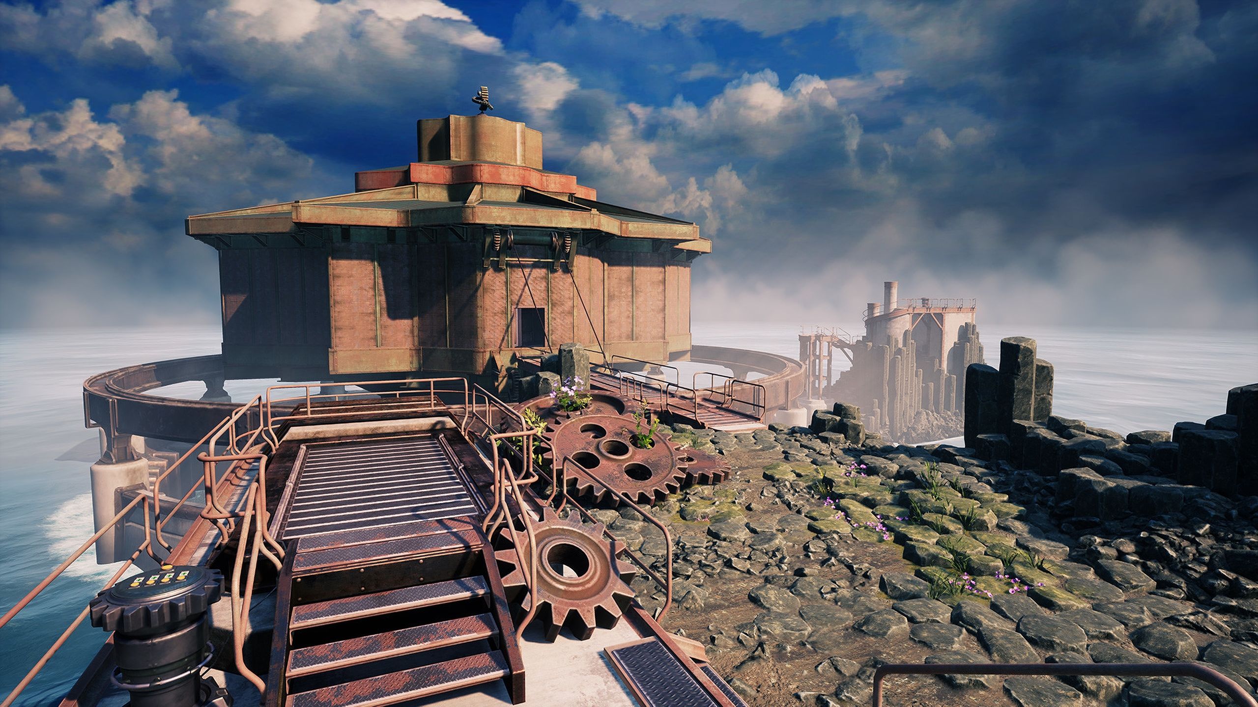 A mechanical overlook in the 2021 remake of Myst.