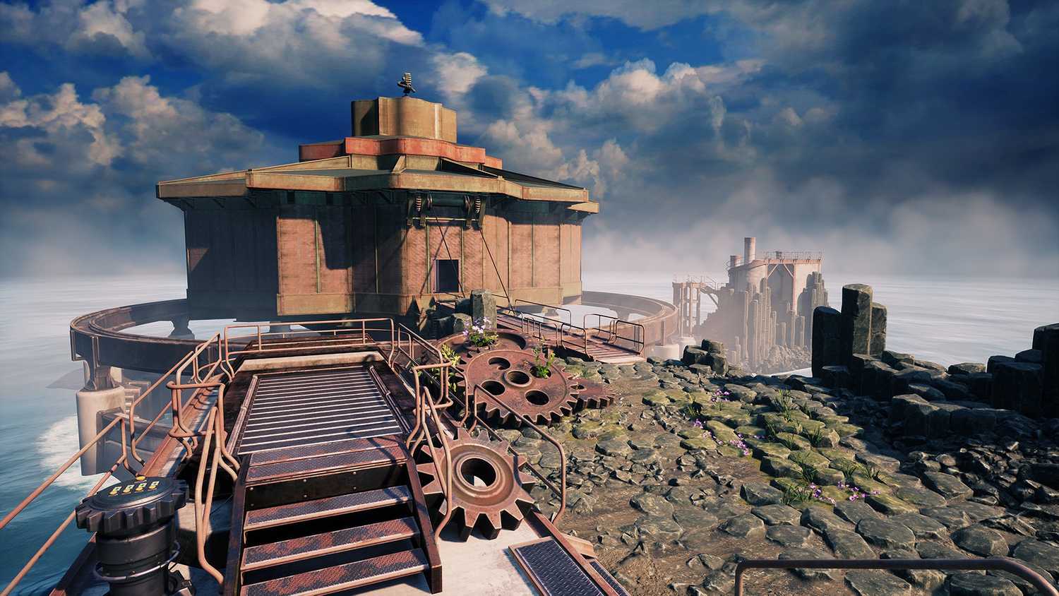 A mechanical overlook in the 2021 remake of Myst.