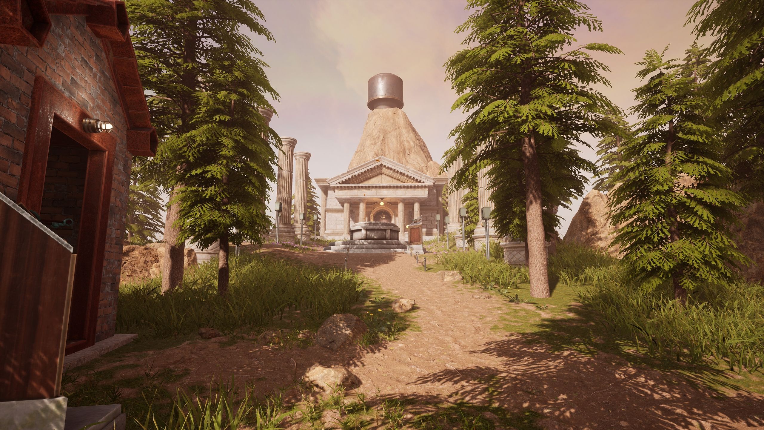 A dirt path leading to a temple in the 2021 remake of Myst.