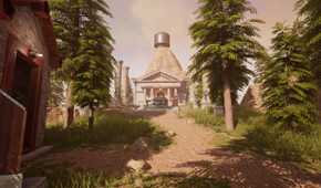 A dirt path leading to a temple in the 2021 remake of Myst.