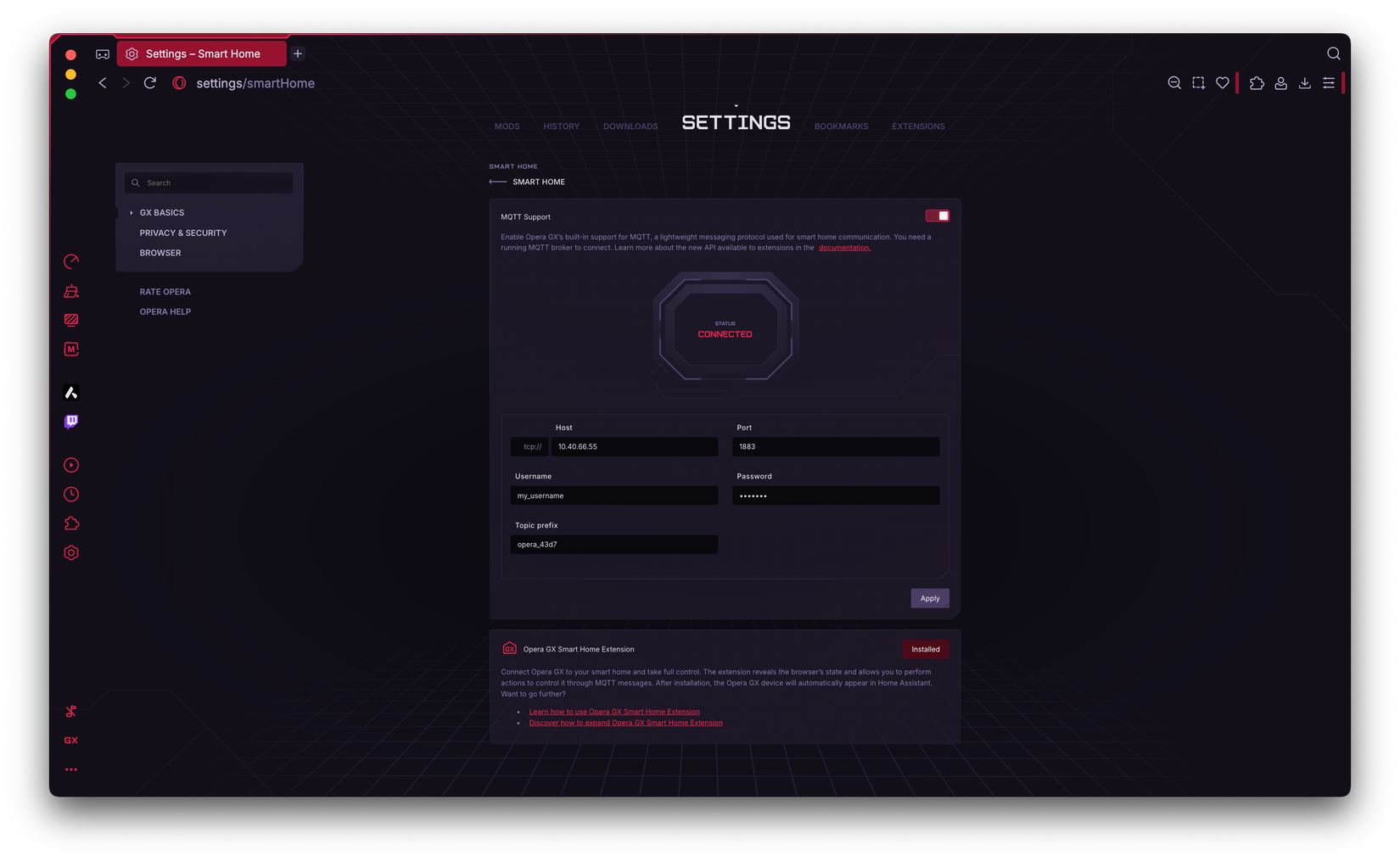 Settings page for a smart home system in the Opera GX app with Wi-Fi connection fields and a notification about data submission. Dark background.