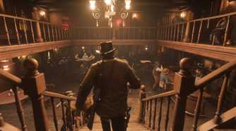 Arthur Morgan walking down the stairs in a tavern in Red Dead Redemption 2.